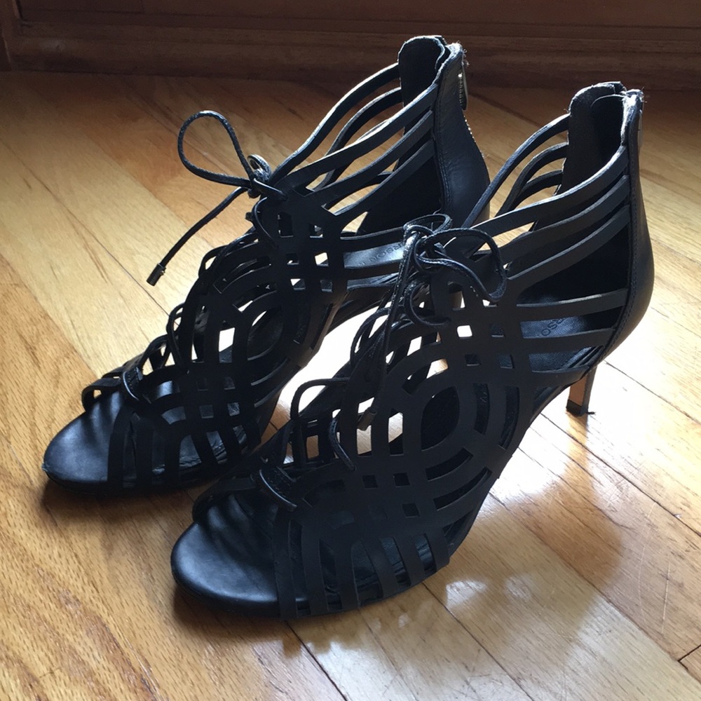 Sigerson Morrison Laser Cut Leather Heeled Sandals